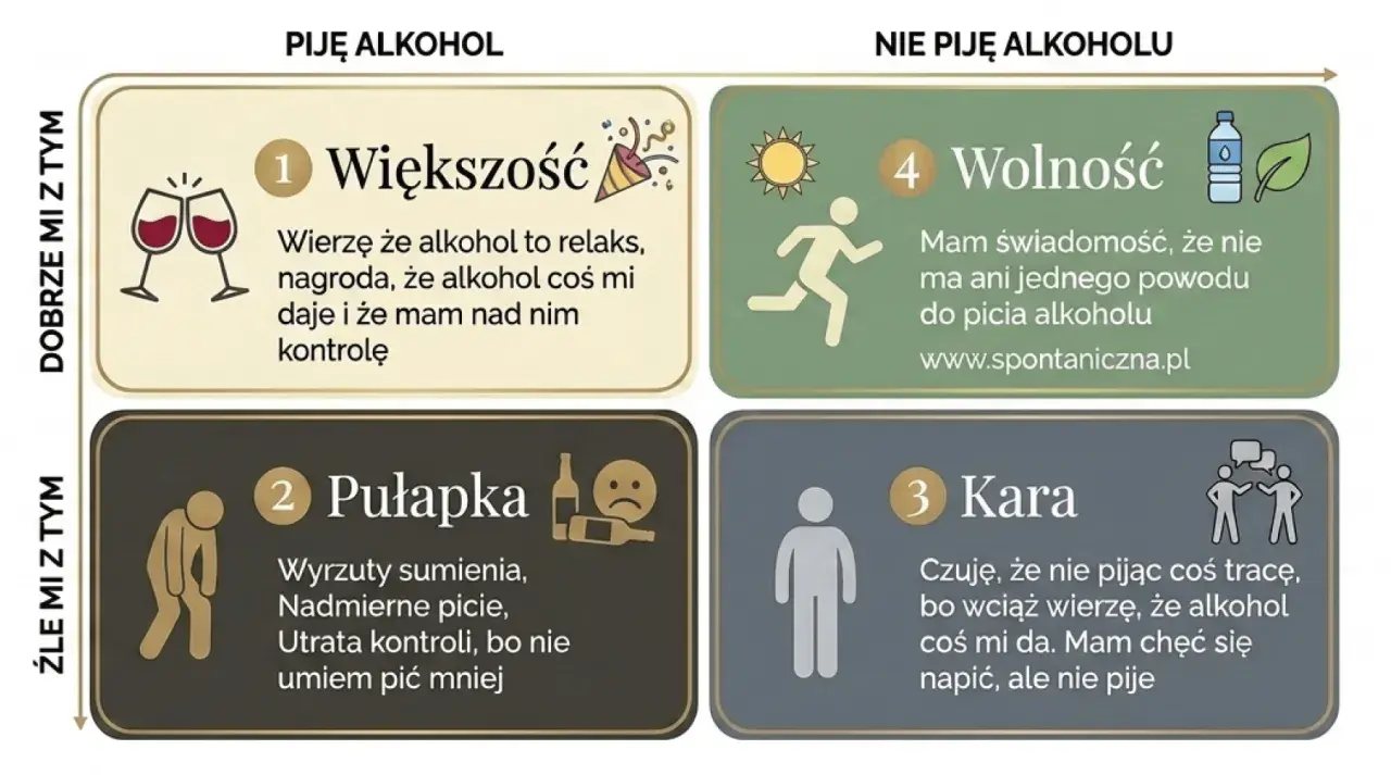 Wykres pokazuje 4 postawy wobec alkoholu: "Większość" (piję, dobrze), "Pułapka" (piję, źle), "Wolność" (nie piję, dobrze) i "Kara" (nie piję, źle). Jak ograniczyć alkohol? Wybierz wolność.