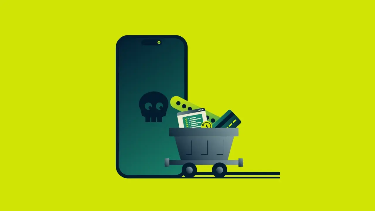Ein iPhone mit Totenkopf-Symbol und einem Einkaufswagen voller Daten und Kreditkarten. So kann man Spyware auf dem iPhone erkennen.