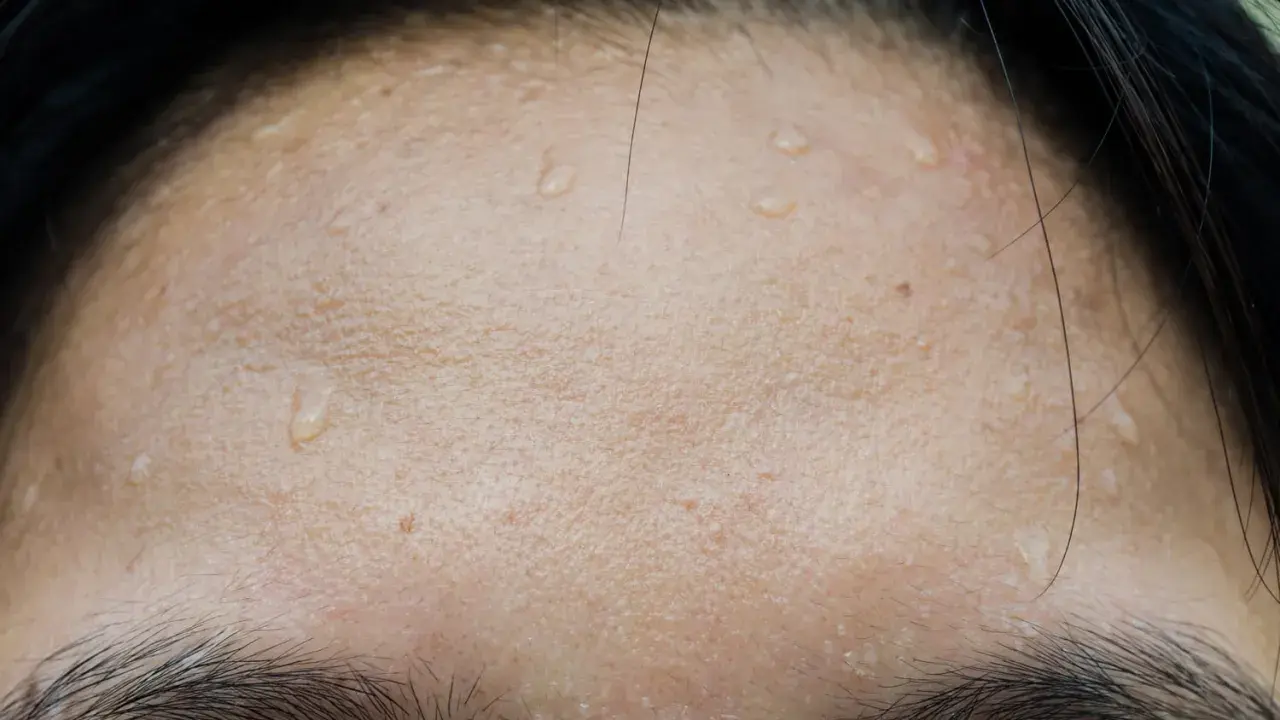 Gouttes de sueur sur le front, signe de transpiration excessive du visage après un effort.