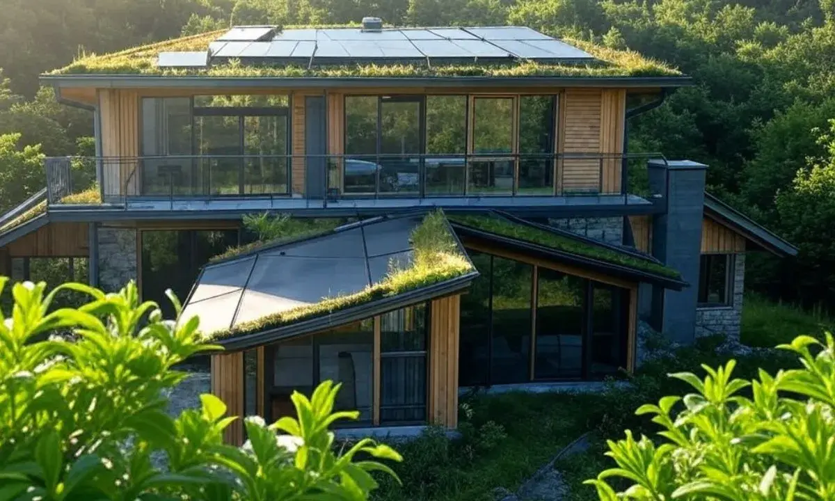 Maison moderne avec toiture végétalisée et panneaux solaires, exemple de construction maison écologique intégrée à la nature.