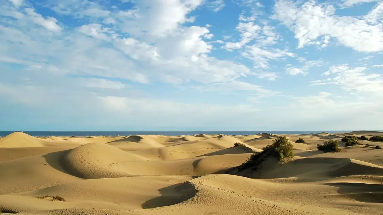 Paisaje de dunas doradas en España, con el mar azul al fondo y un cielo despejado con nubes blancas.