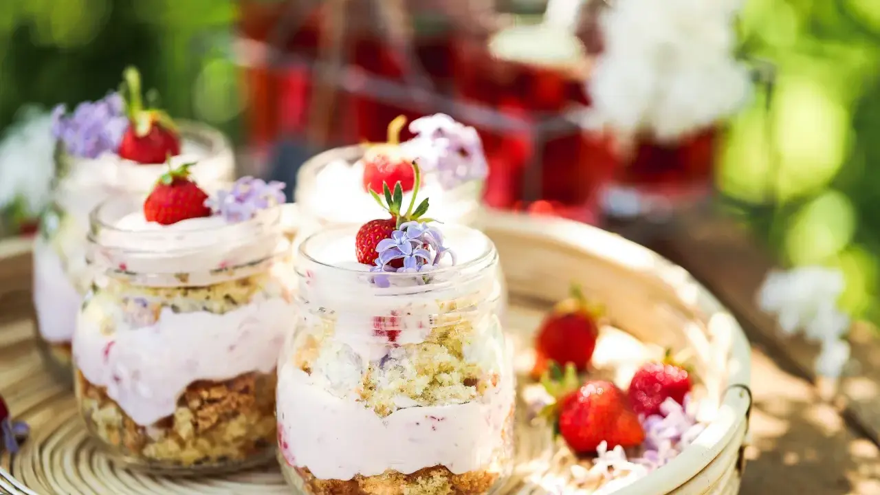 En härlig sommardessert i glasburkar, en himmelsk jordgubbstårta med fluffig grädde och saftiga jordgubbar, dekorerad med små lila blommor.