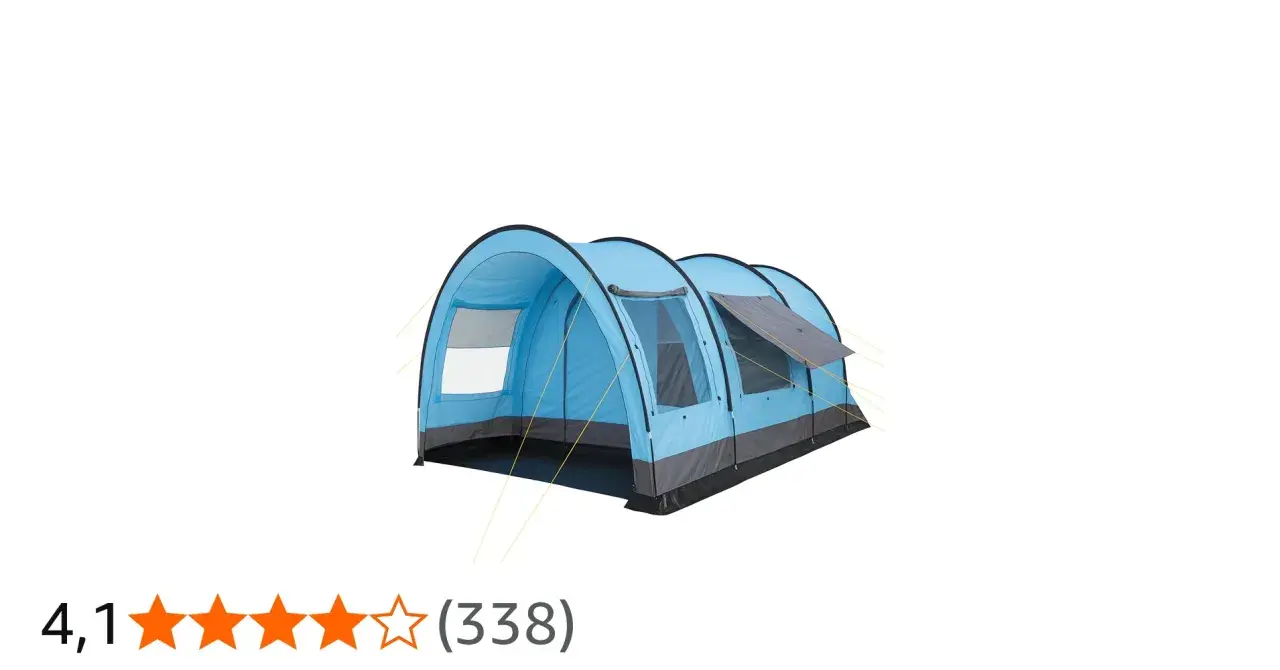Blått kupoltält med fönster, perfekt för din packlista camping. Ger gott om plats för hela familjen.