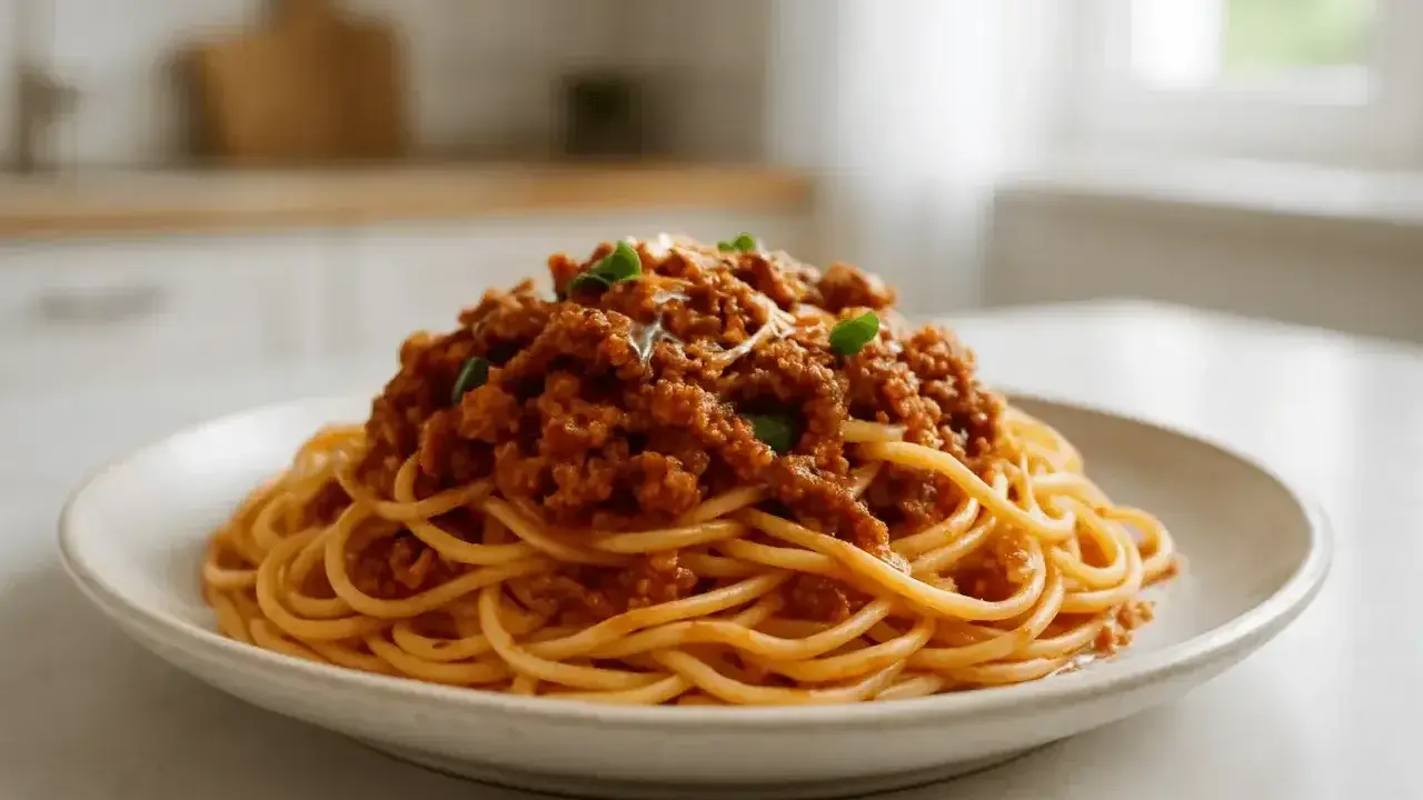 Porcja spaghetti ragu z mielonym mięsem i ziołami na białym talerzu.