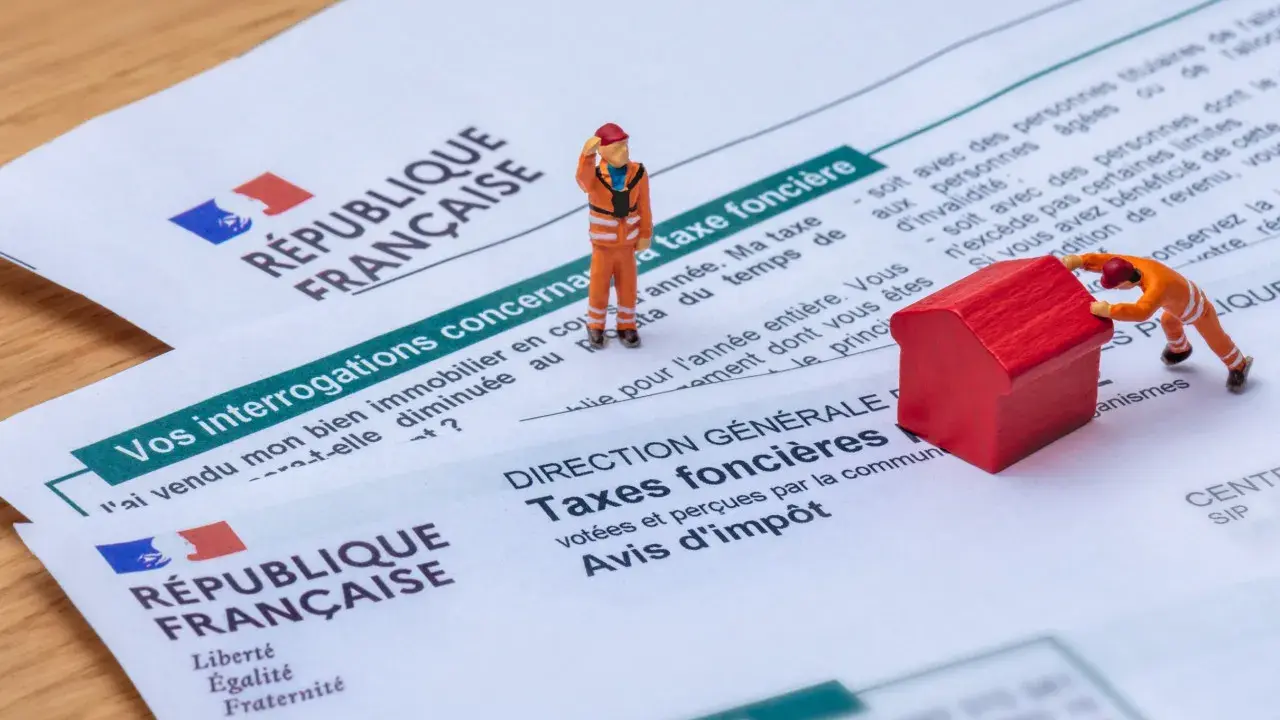 Figurines sur des documents de la République Française concernant la taxe foncière. L'une pousse une maison rouge, l'autre semble réfléchir.