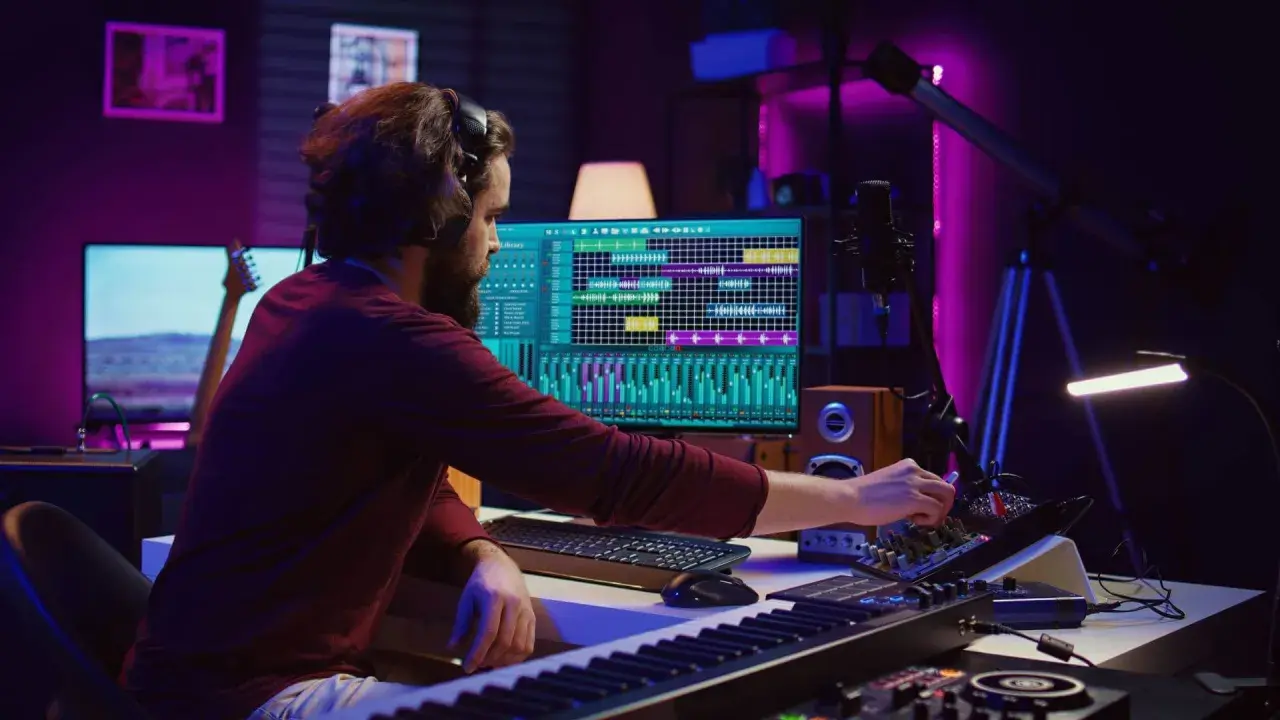 Un artista di musica elettronica lavora nel suo studio, mixando suoni con attrezzature professionali e un software di produzione musicale.