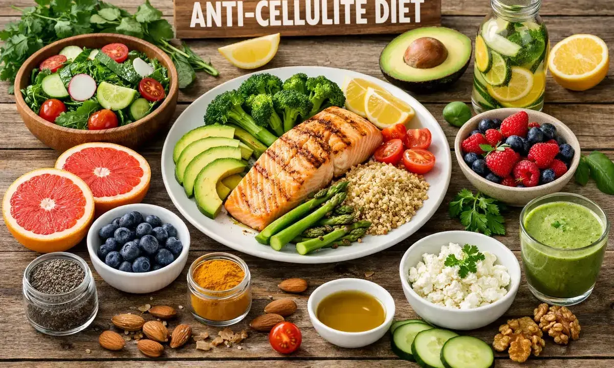 Zdrowe jedzenie na talerzu: łosoś, warzywa, owoce i kasza. To składniki idealne na dieta antycellulitowa.