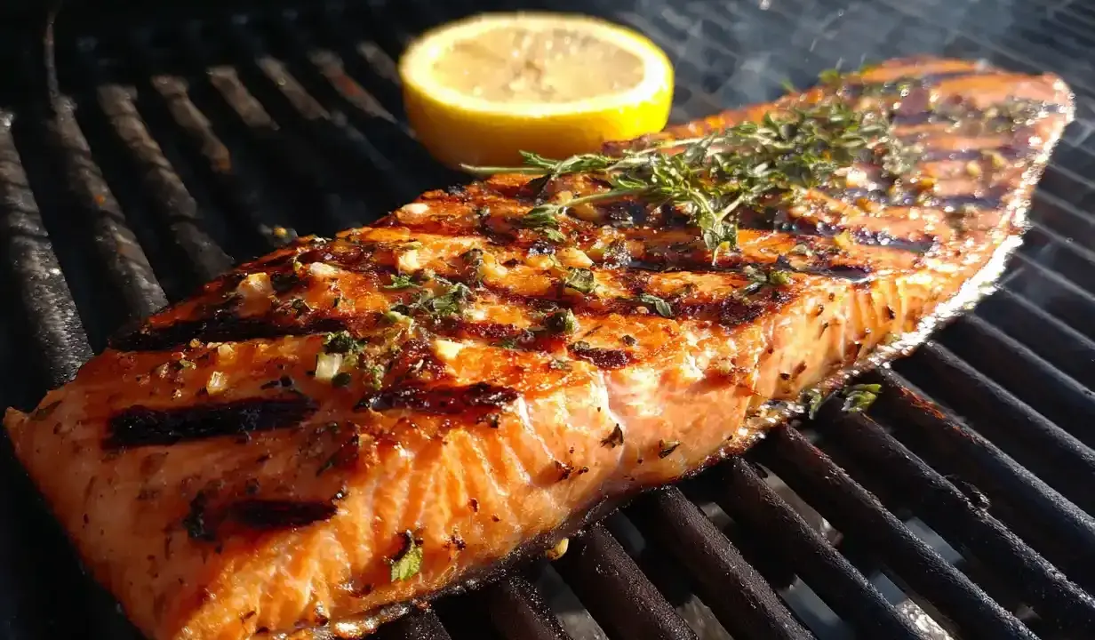 En saftig laxfilé med örter och citron på grillen, perfekt för en härlig grillkväll. Gott att grilla!