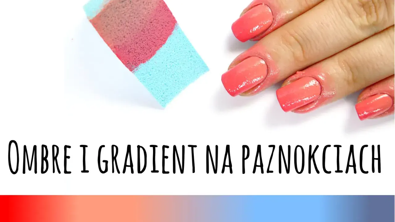 Gąbka do tworzenia **soft ombre** na paznokciach, obok dłoni z pięknym, płynnym przejściem kolorów od różu do pomarańczu.