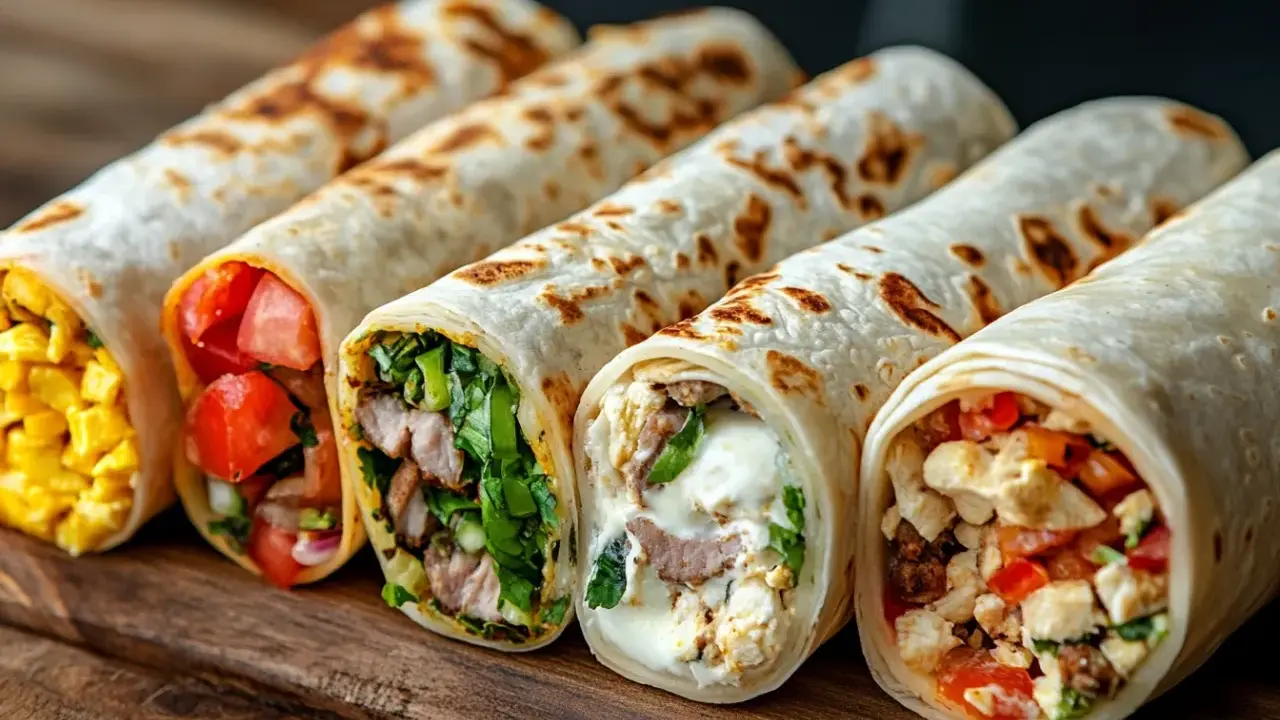 Fünf bunte Wraps mit verschiedenen Füllungen, die tolle Wraps Ideen für jeden Geschmack bieten.