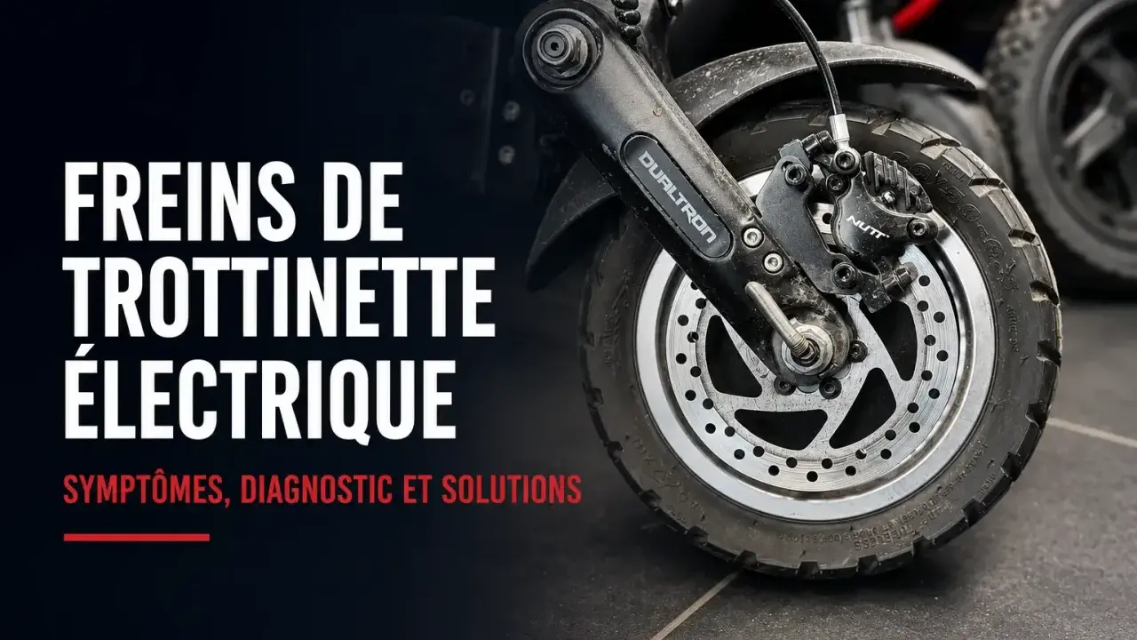 Freins de trottinette électrique : diagnostic et solutions pour tout problème. Gros plan sur la roue et le système de freinage.