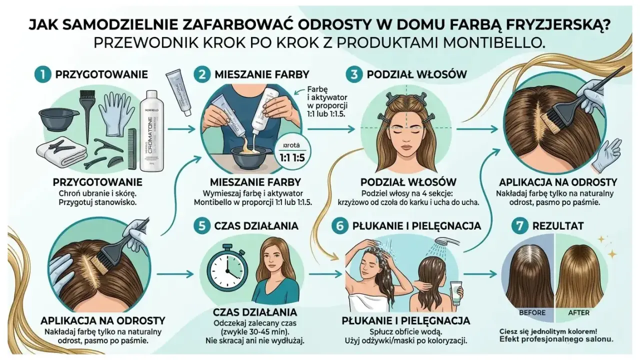 Instrukcja krok po kroku, jak zrobić toner z farby fryzjerskiej w domu. Przygotowanie, mieszanie, podział włosów, aplikacja na odrosty, czas działania, płukanie i pielęgnacja, efekt.