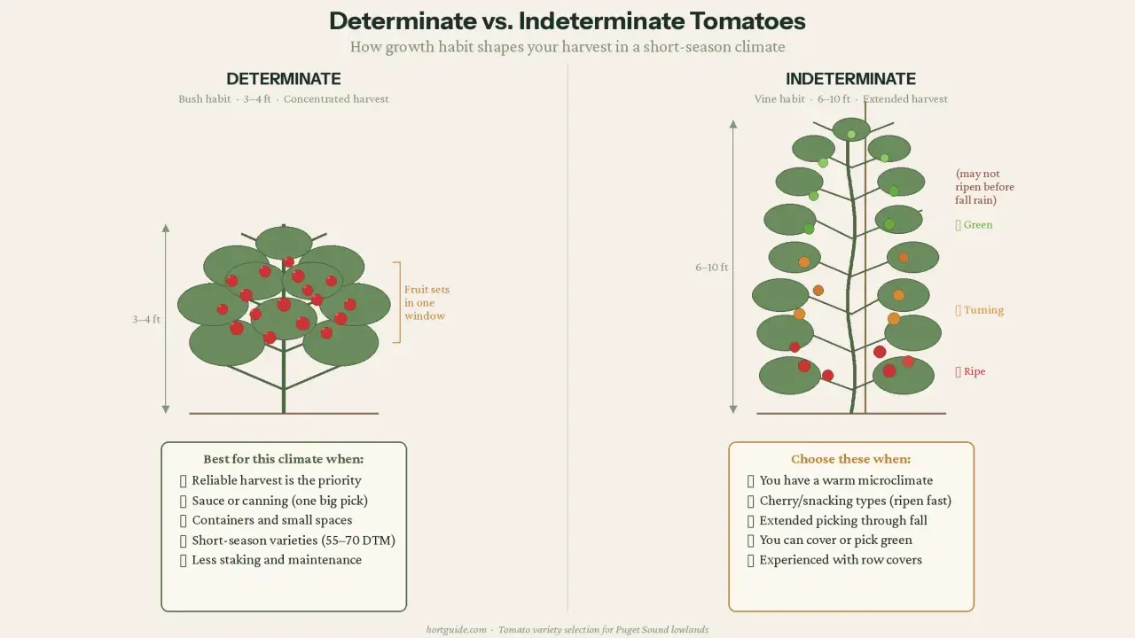 Determinate tomatoes are bush-like, 3-4 ft tall, with concentrated harvests. Indeterminate tomatoes are vine-like, 6-10 ft tall, offering extended harvests.