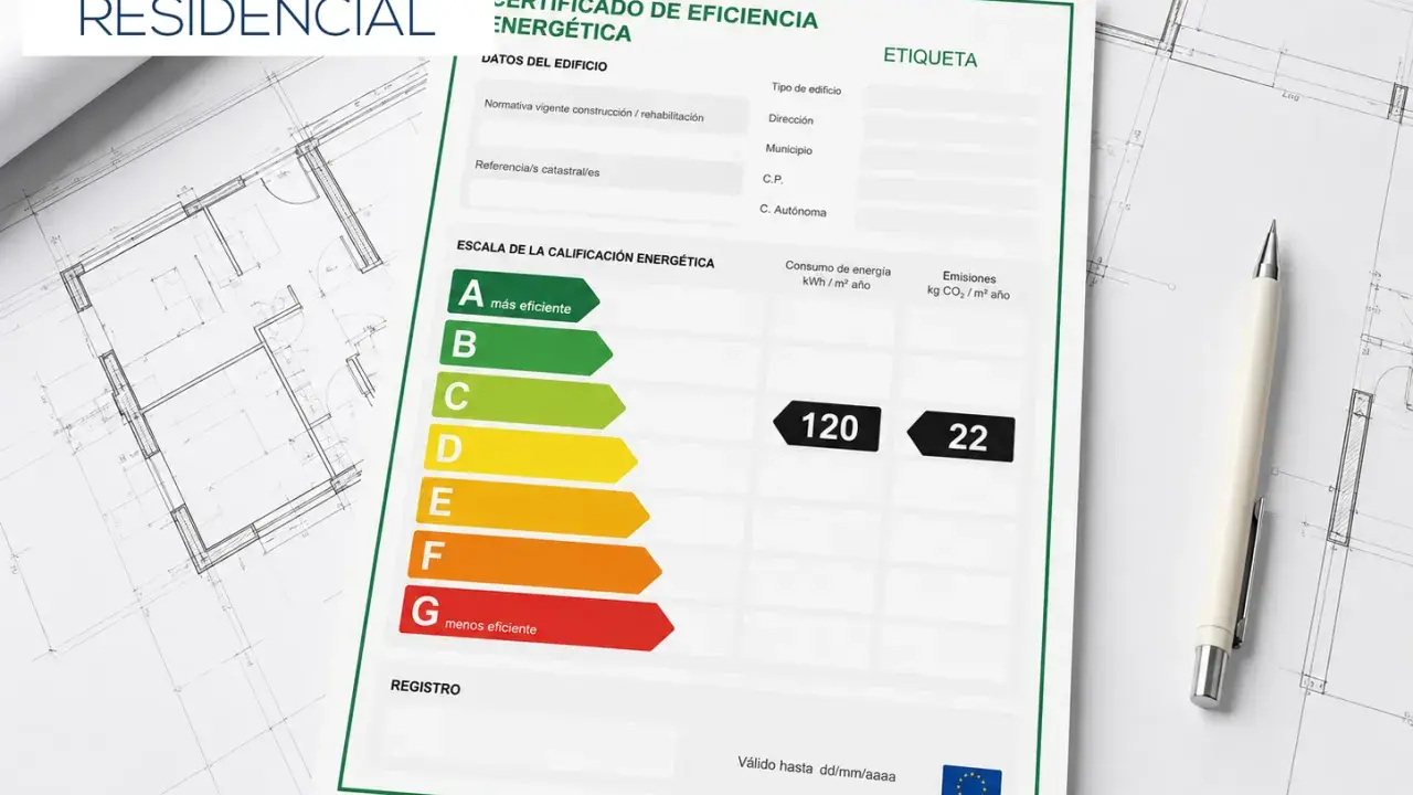 Certificado de Eficiencia Energética, similar a una cédula de habitabilidad, muestra la calificación energética de un edificio residencial con escala de A a G.