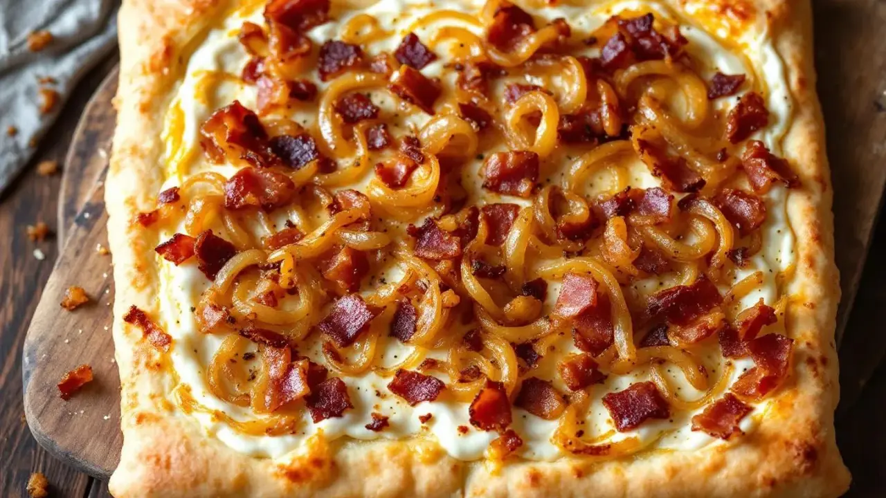 Flammekueche prête à déguster, garnie d'oignons caramélisés et de lardons croustillants sur une pâte fine et dorée. Un délice !