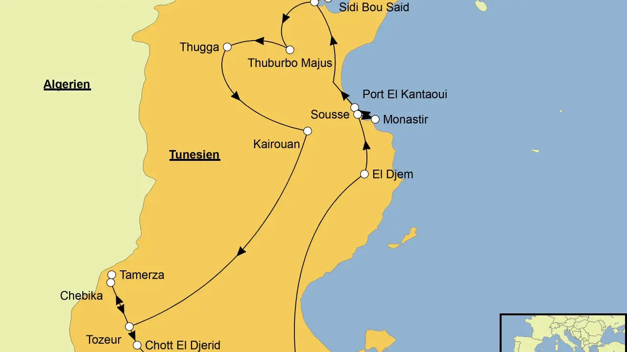 Karte von Tunesien mit Reiseroute. Karthago liegt nördlich von Tunis, nahe der Küste.