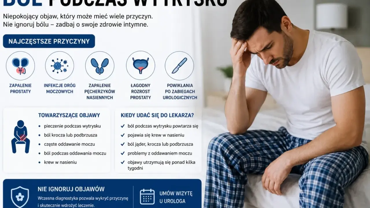 Mężczyzna z bólem głowy, siedzący na łóżku. Obok grafika informująca o bólu podczas wytrysku, w tym pieczenie jąder.