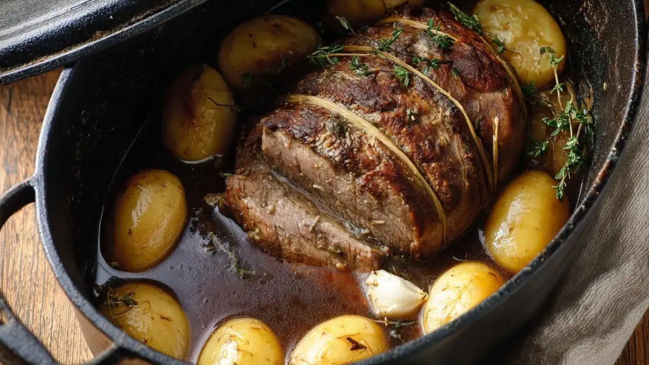 Un rôti de quasi de veau, lié à la ficelle, mijote dans un jus savoureux avec des pommes de terre et de l'ail.
