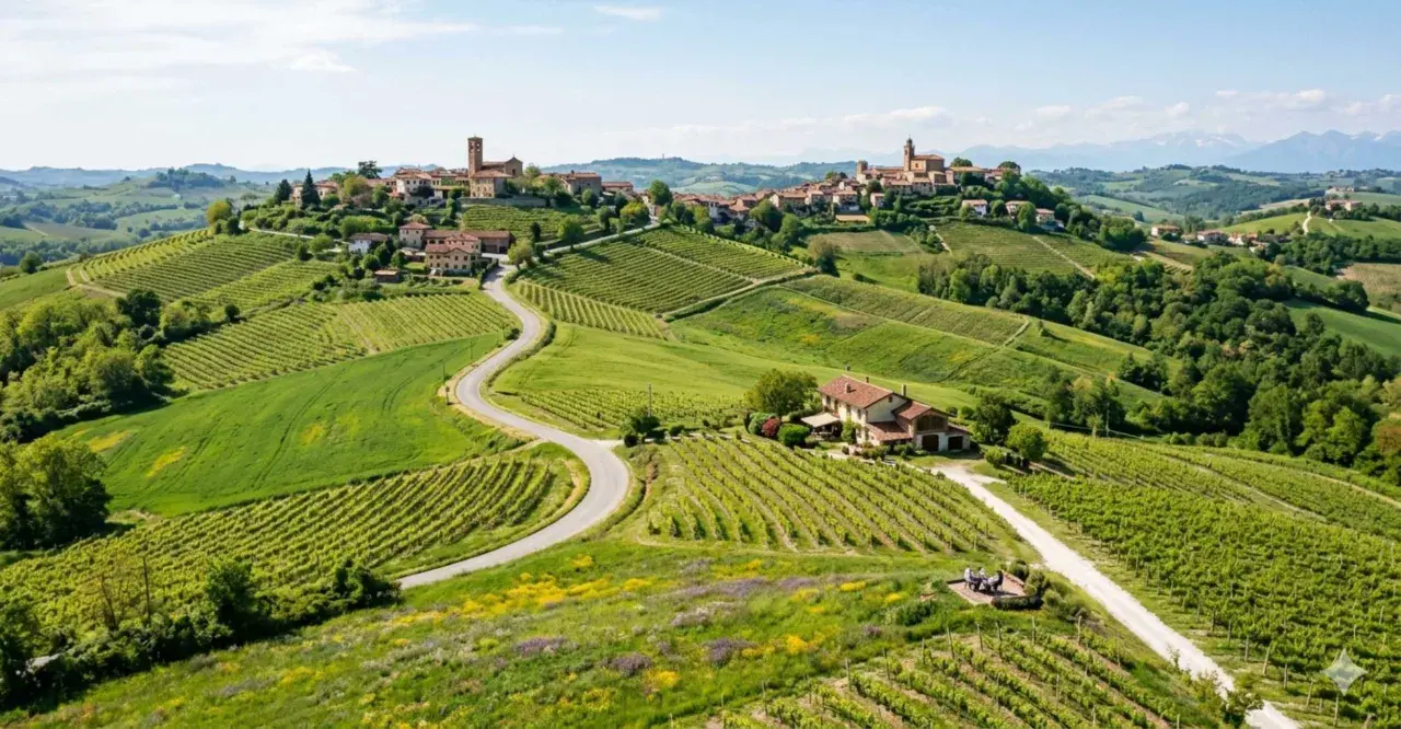 Un borgo italiano su una collina, circondato da vigneti rigogliosi e campi verdi. Un sogno per le vacanze in collina.
