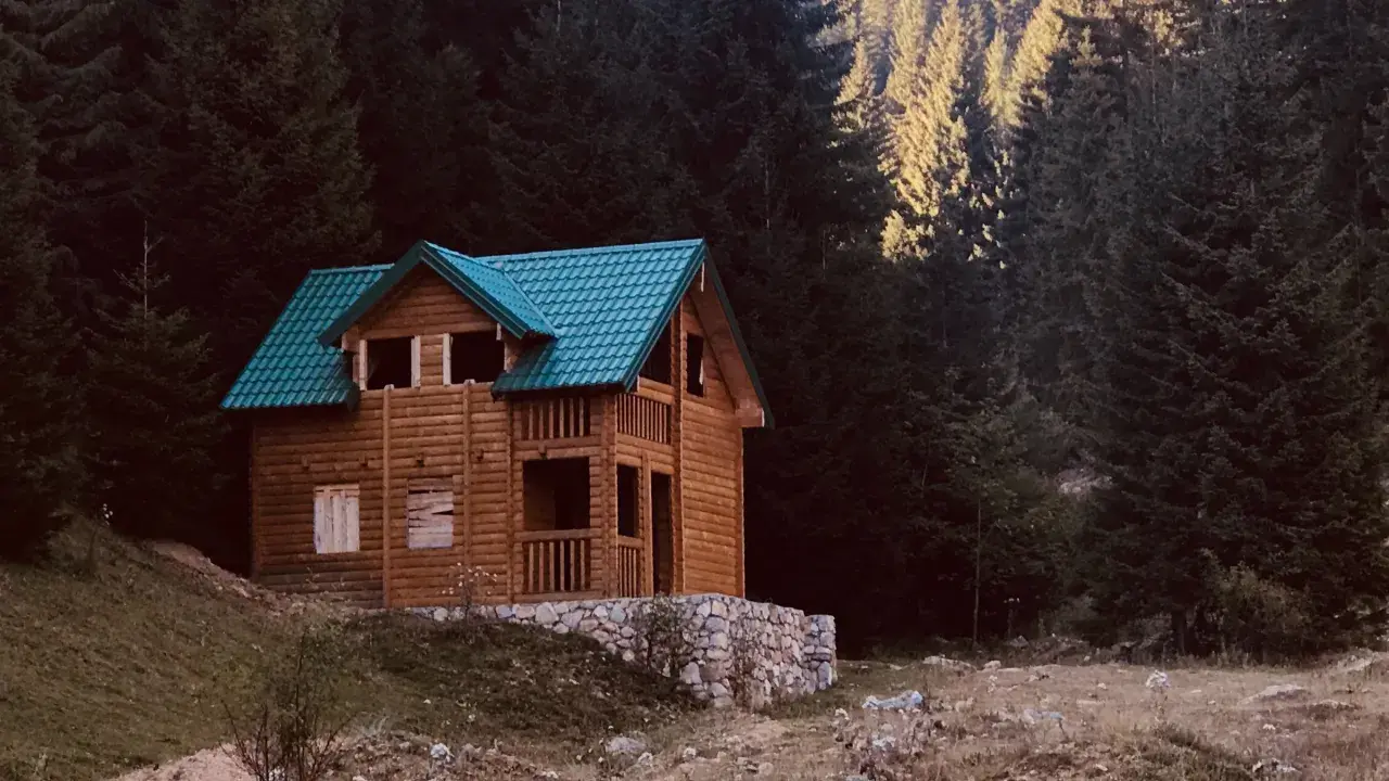 Acogedora tiny house de madera con tejado verde, rodeada de un bosque oscuro y un prado.