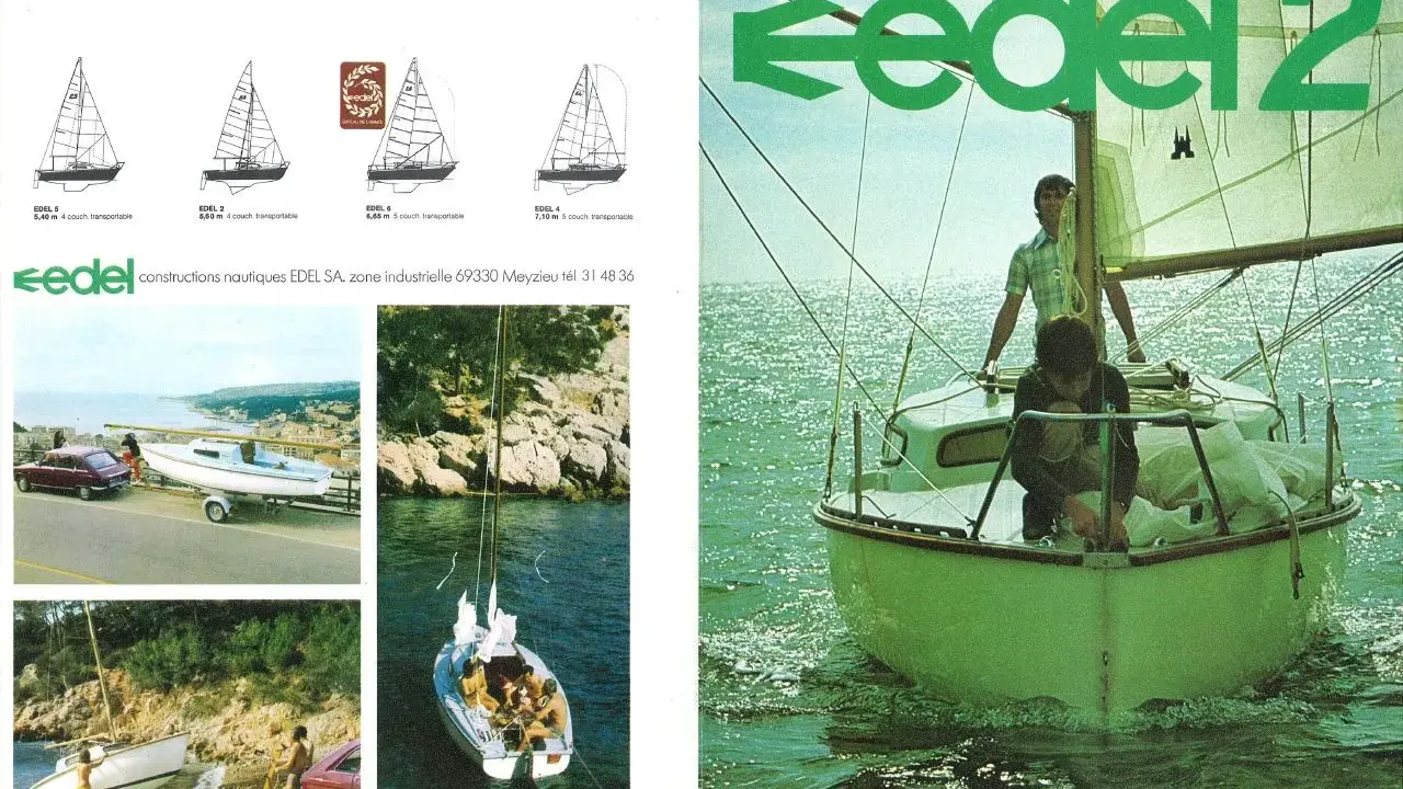 Bateau Edel 2 en mer, deux hommes à bord. Le logo Edel 2 est bien visible.