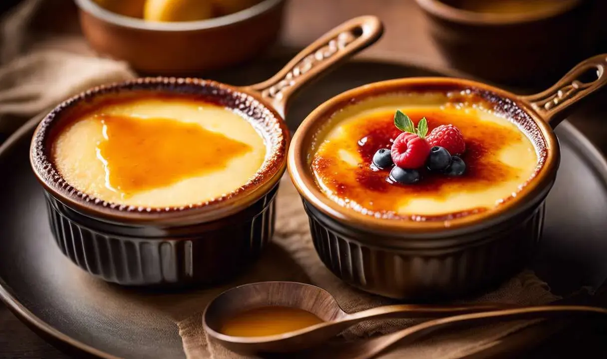 Deux desserts : une crème catalane simple et une crème brûlée garnie de fruits rouges. La différence est subtile mais délicieuse.