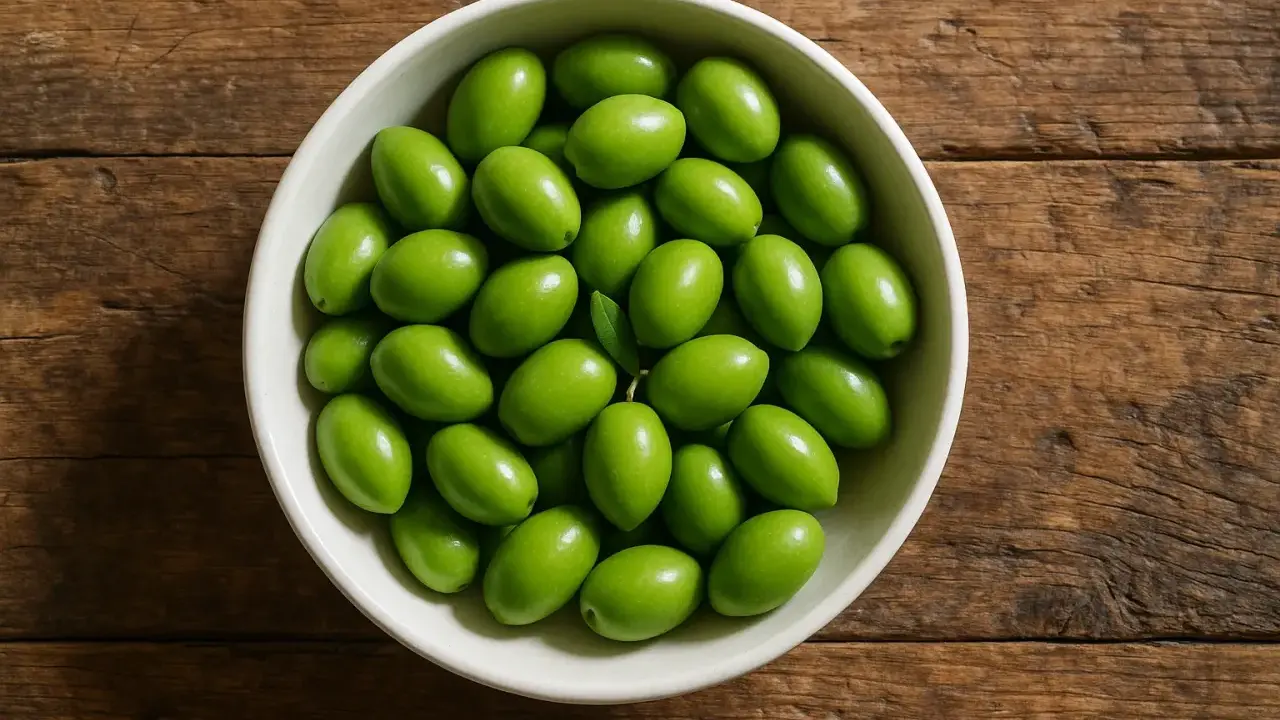 Un cuenco lleno de olivas verdes frescas, perfectas para disfrutar de sus beneficios.