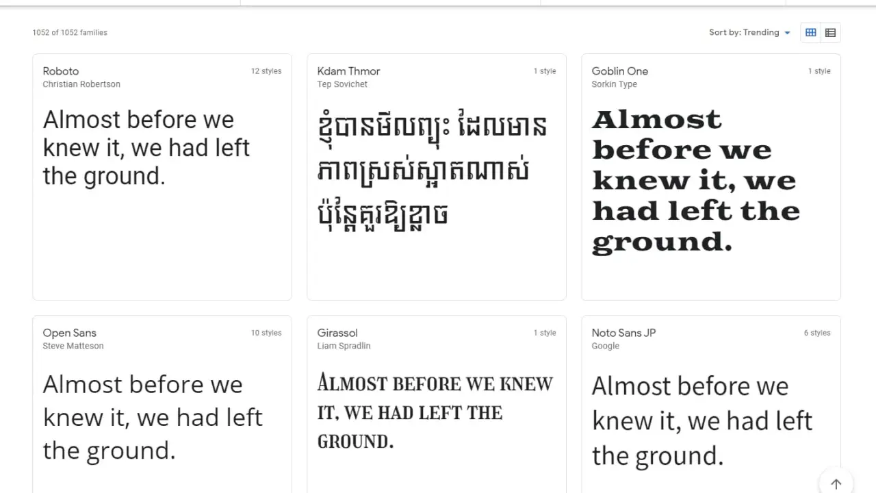 Explora tipografías Google Fonts. Muestra diferentes estilos de texto, como Roboto, Kdam Thmor y Goblin One, con la frase "Almost before we knew it, we had left the ground.