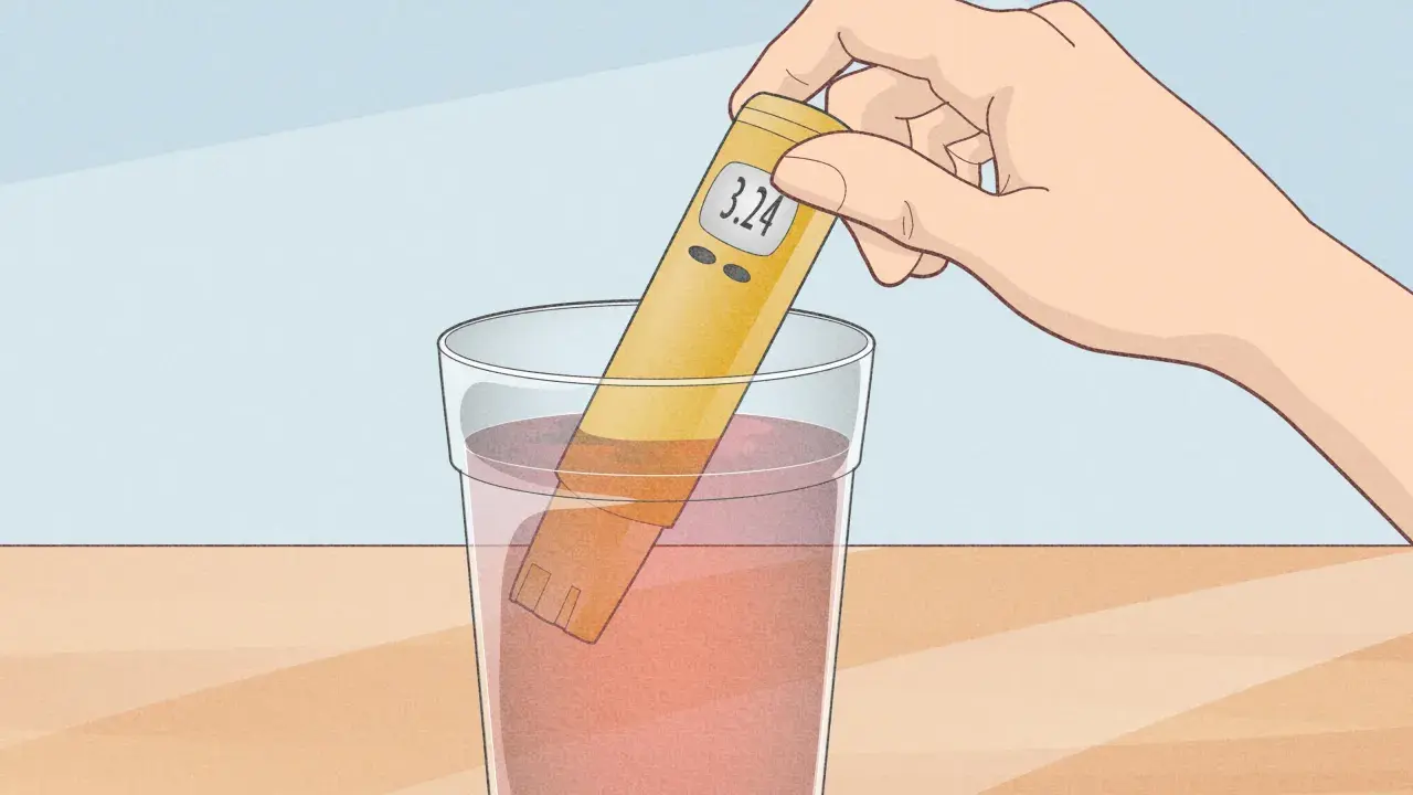Une main tient un testeur de pH dans un verre d'eau. Le testeur affiche 3.24, indiquant que l'eau n'est pas à un pH neutre.