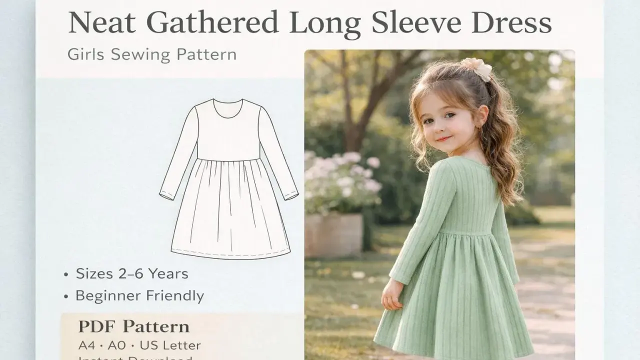 Niña con vestido verde de manga larga y patrón de costura.