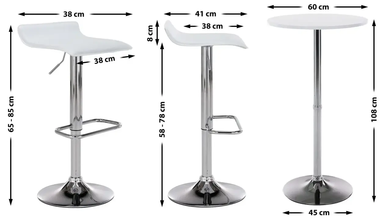Ein Bartisch ist 108 cm hoch. Daneben sind zwei Barhocker mit verstellbarer Sitzhöhe von 65-85 cm und 58-78 cm abgebildet.
