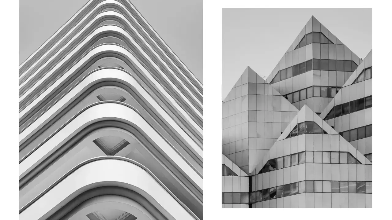 Dwie fasady budynków w czerni i bieli. Po lewej łagodne, faliste balkony, po prawej ostre, geometryczne kształty. Fascynująca fotografia architektury.