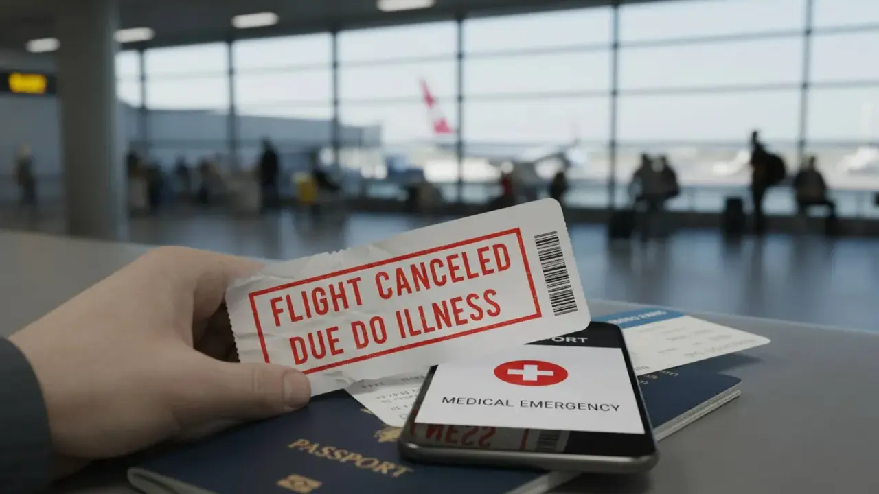 Dłoń trzyma bilet z napisem "FLIGHT CANCELED DUE TO ILLNESS". Obok paszport, telefon z komunikatem "MEDICAL EMERGENCY" i inne bilety. Pytanie: czy można anulować bilet lotniczy?