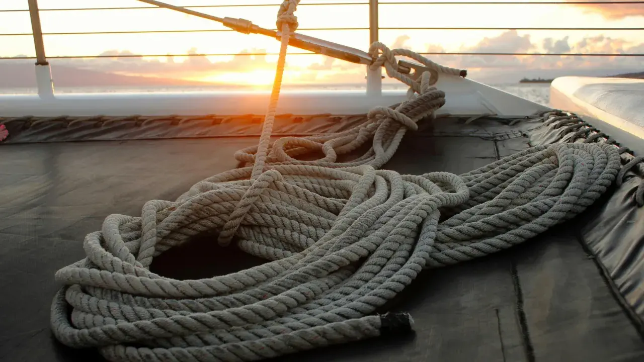 Coup de soleil sur un bateau, une corde épaisse est prête à faire un noeud de marin.