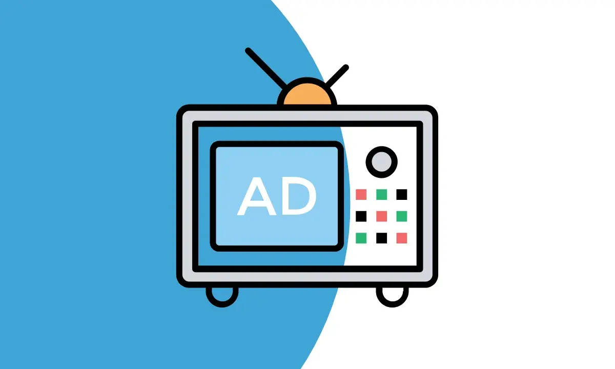 Stylizowany telewizor z napisem "AD" na ekranie. Ilustracja symbolizuje wady i zalety reklamy, która dociera do szerokiej publiczności, ale bywa też uciążliwa.