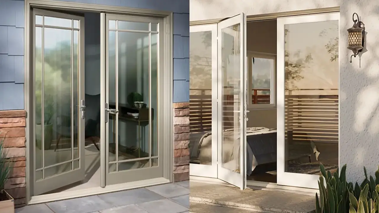 Dos puertas de cristal, una puerta abatible o batiente gris con marcos de madera y otra puerta abatible o batiente blanca que da a un dormitorio.