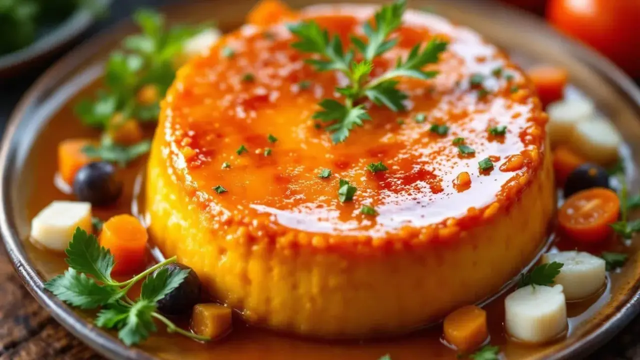 Un appétissant flan de légumes, nappé d'une sauce orangée et garni de persil frais, de carottes, de tomates cerises et d'olives.
