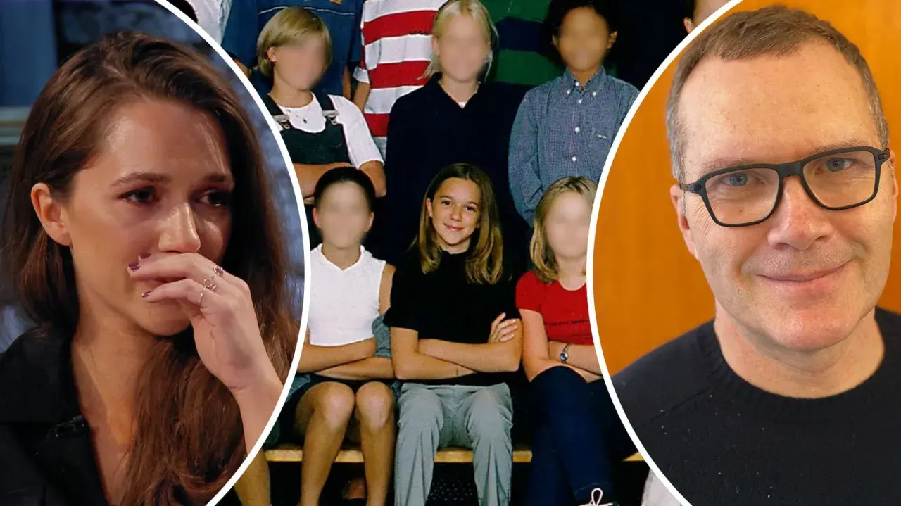 Melissa Horns barndom med klasskamrater och en leende man.