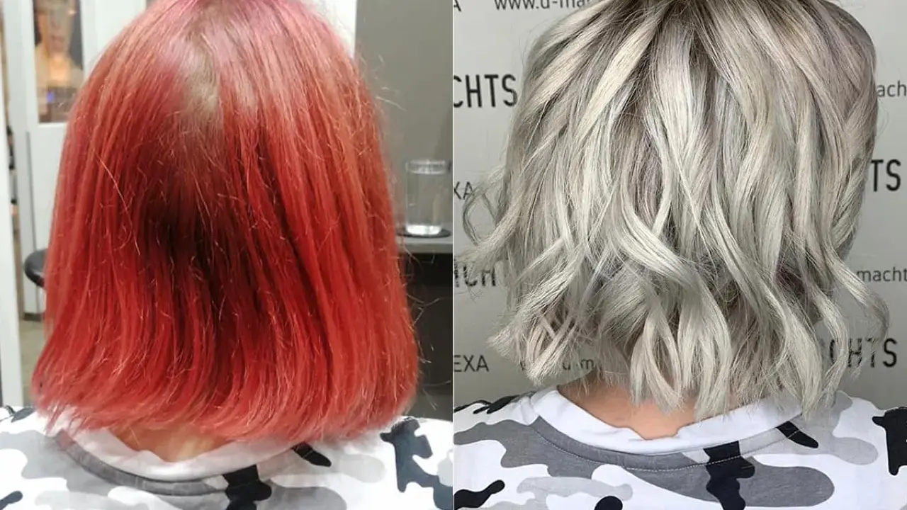 Vorher-Nachher-Vergleich: leuchtendes Rot verwandelt sich in stilvolles Blond.