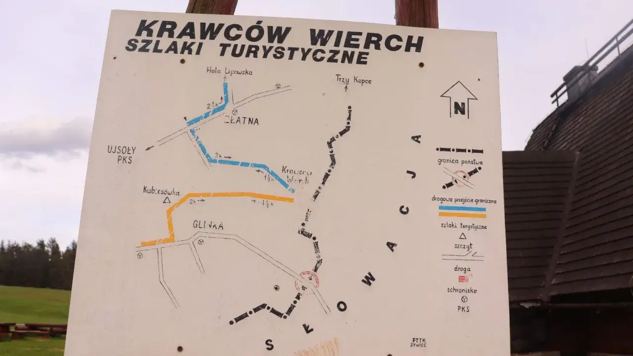 Mapa szlaków turystycznych Krawców Wierch. Wskazuje trasy do Hali Lipowskiej, Trzech Kopców, Glinki i Kubiesówki.