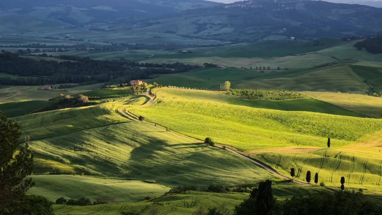 Dolci colline verdi del Val d'Orcia, con una strada tortuosa che porta a una casa colonica. Un paesaggio da sogno da esplorare.
