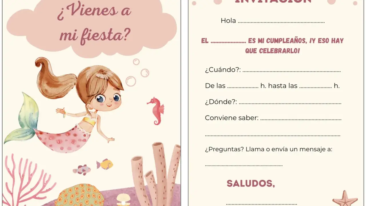 Invitación de cumpleaños infantil gratis con una sirena y temática marina. ¡Ven a celebrar!