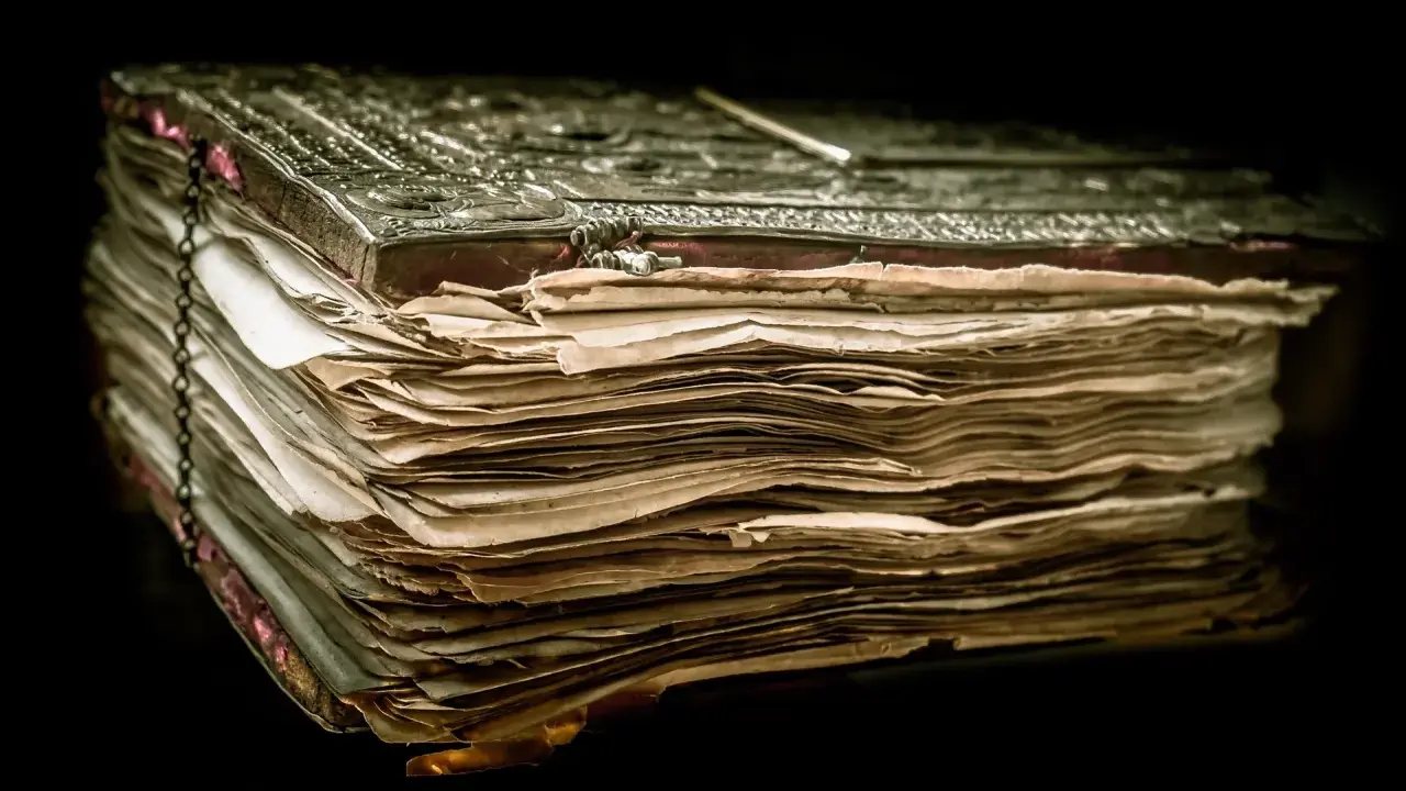 Un antico libro rilegato in metallo, con pagine ingiallite e consumate, evoca il mistero del manoscritto di Voynich.