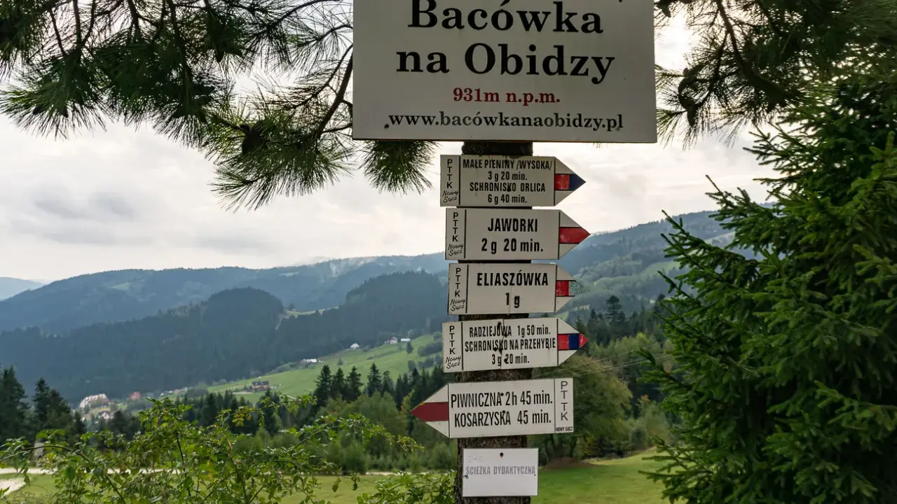 Tablica z drogowskazami na szlak na Radziejową. W tle górzysty krajobraz Beskidu Sądeckiego.