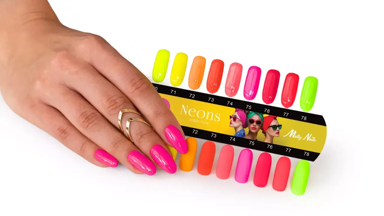 Dłoń z neonowymi paznokciami prezentuje paletę kolorów lakierów hybrydowych Molly Nails. Hema free co to znaczy? To bezpieczeństwo dla Twoich paznokci!