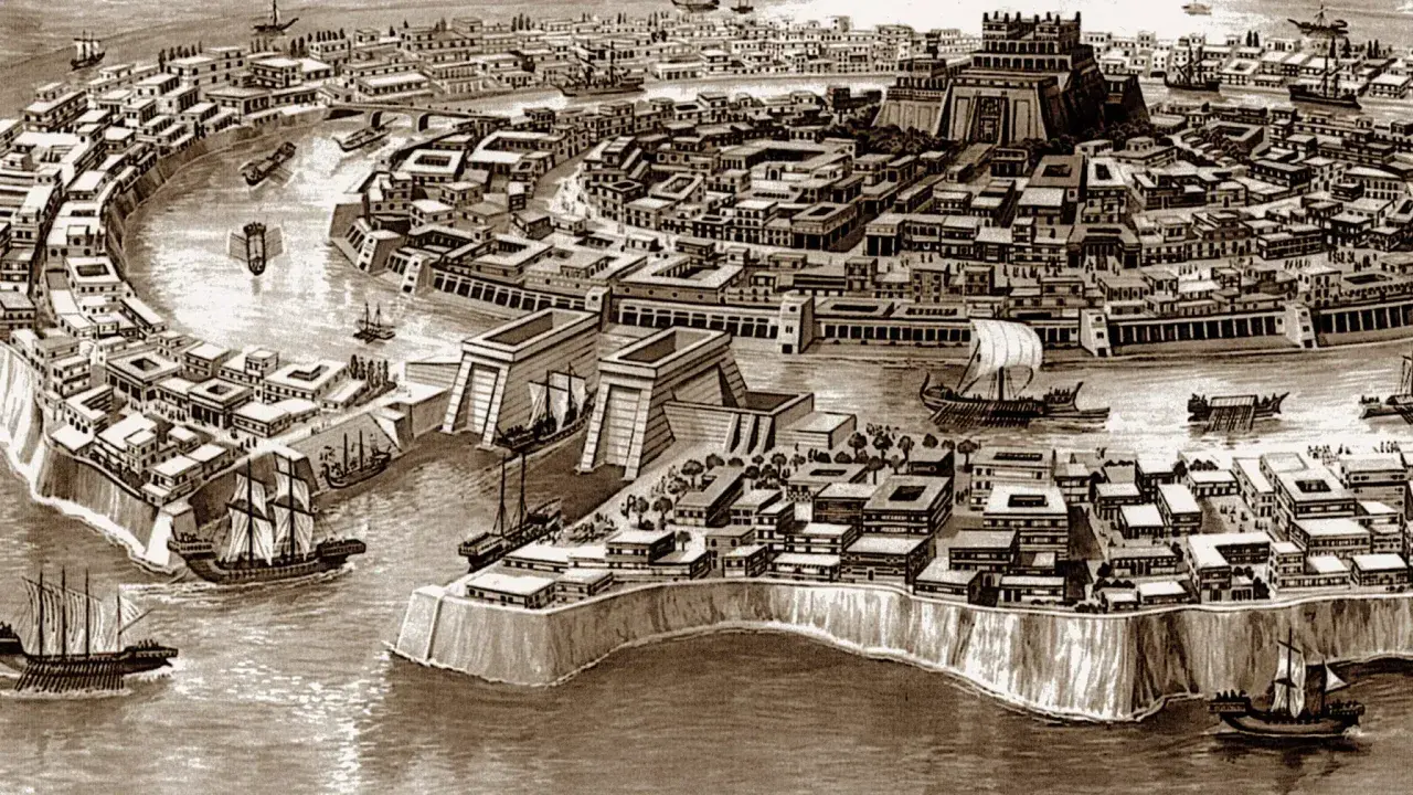 Eine antike Stadt mit Kanälen, Schiffen und monumentalen Gebäuden. Stell dir vor, gab es Atlantis wirklich?