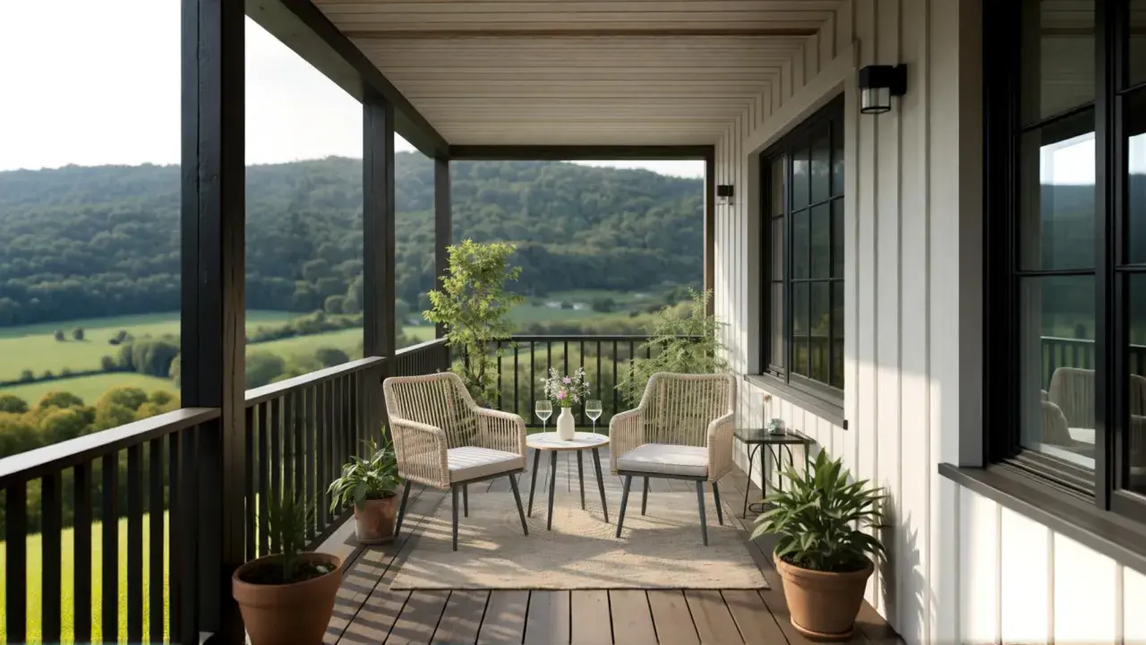 En mysig balkong med två korgstolar, ett litet bord med blommor och glas, samt krukväxter. Perfekt liten balkong inspiration med vacker utsikt över grönskande kullar.