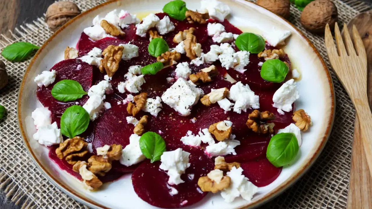 Ein Teller mit traditionellem Rote Bete Salat, garniert mit Feta, Walnüssen und Basilikum.