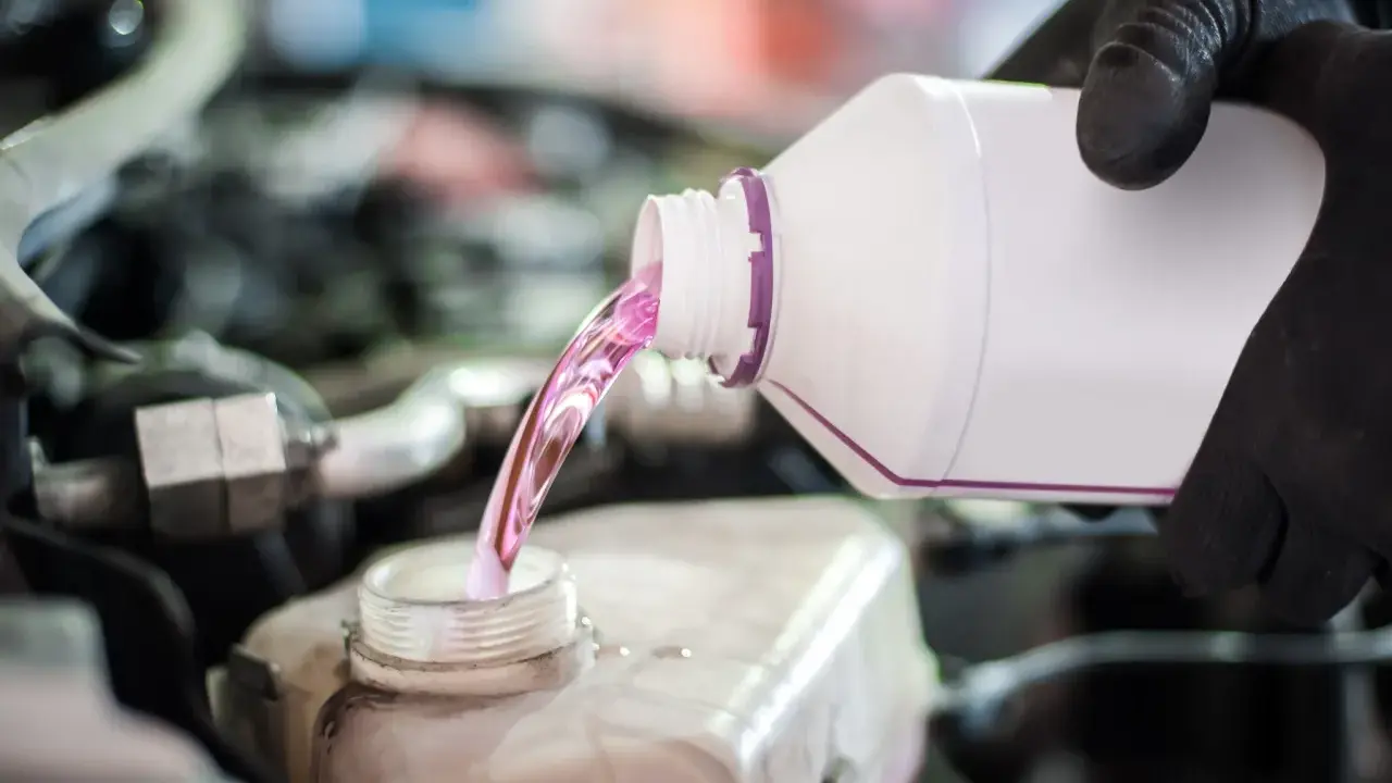 Mano con guante negro vierte líquido rosa, agua de motor coche, en depósito.