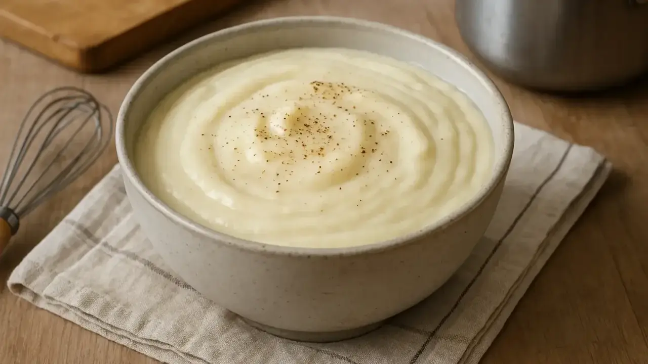 Un bol de béchamel sans beurre, onctueuse et saupoudrée de poivre, prête à être utilisée. Un fouet et une planche à découper sont visibles.